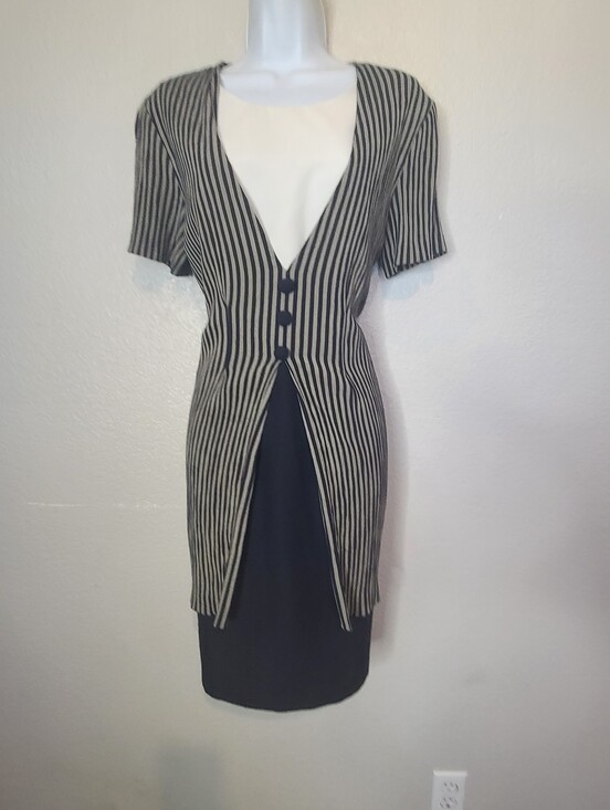 Vintage Dresses & Skirts - Dorée Vintage 90s Striped Black and White Layered Sheath Dress Career Woek